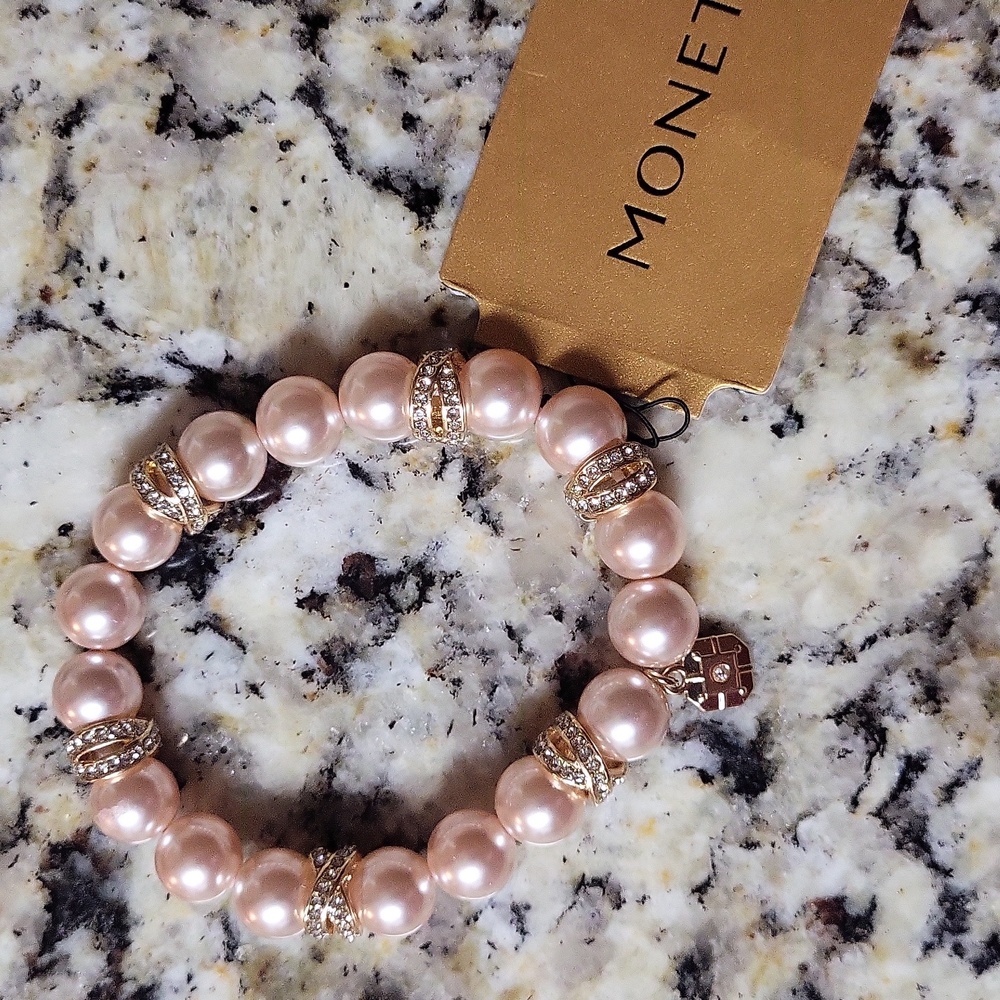 Monet Pink Faux Pearl Stretch Bracelet